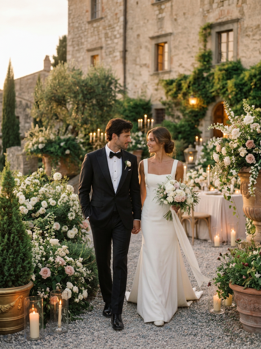 Pareja paseando entre flores en una finca histórica al atardecer